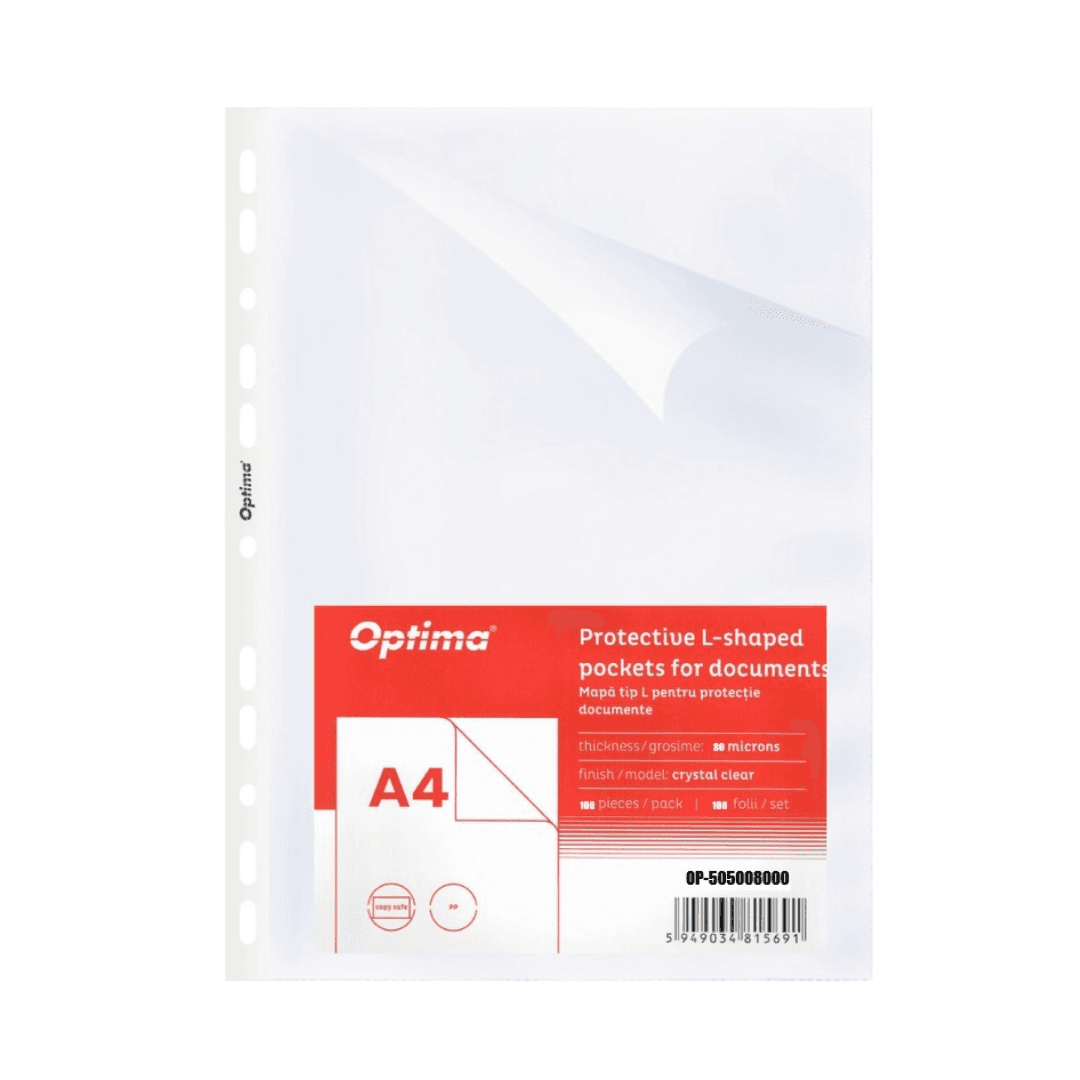 Folie protectie "L" pentru documente A4, 80 microni, 100 folii/set, Optima - cristal