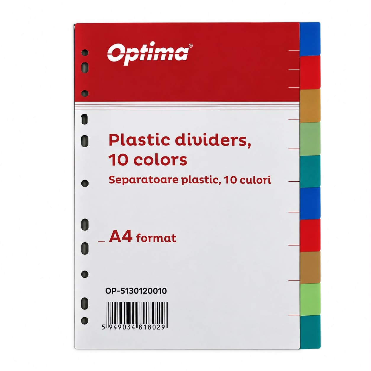Separatoare plastic color, A4, 120 microni, 10 culori/set, Optima