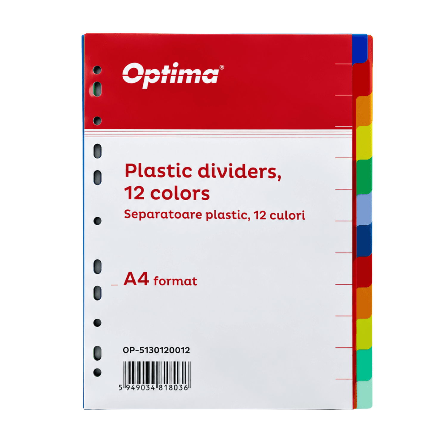 Separatoare plastic color, A4, 120 microni, 12 culori/set, Optima