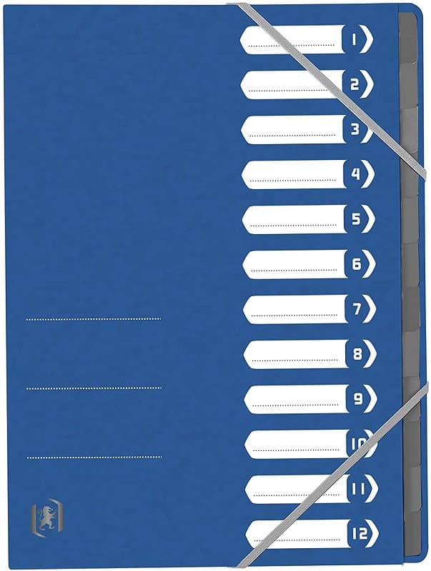 Mapa carton pentru sortare cu 12 separatoare si index, elastic pe colturi, OXFORD Top File - albastr