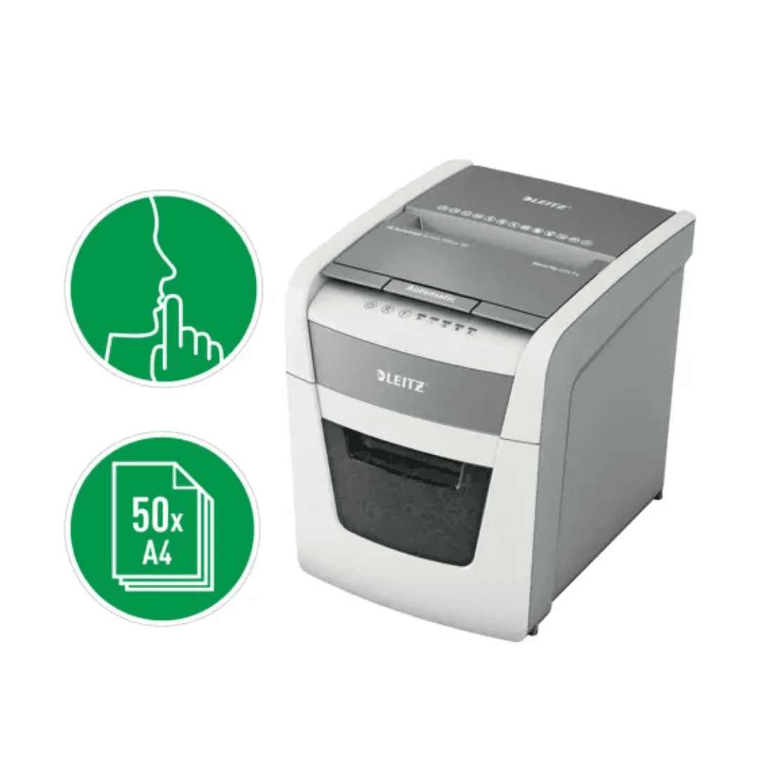 Distrugator documente automat LEITZ IQ Small Office, P4, cross-cut (confeti). 50 coli, cos 20l, alb-