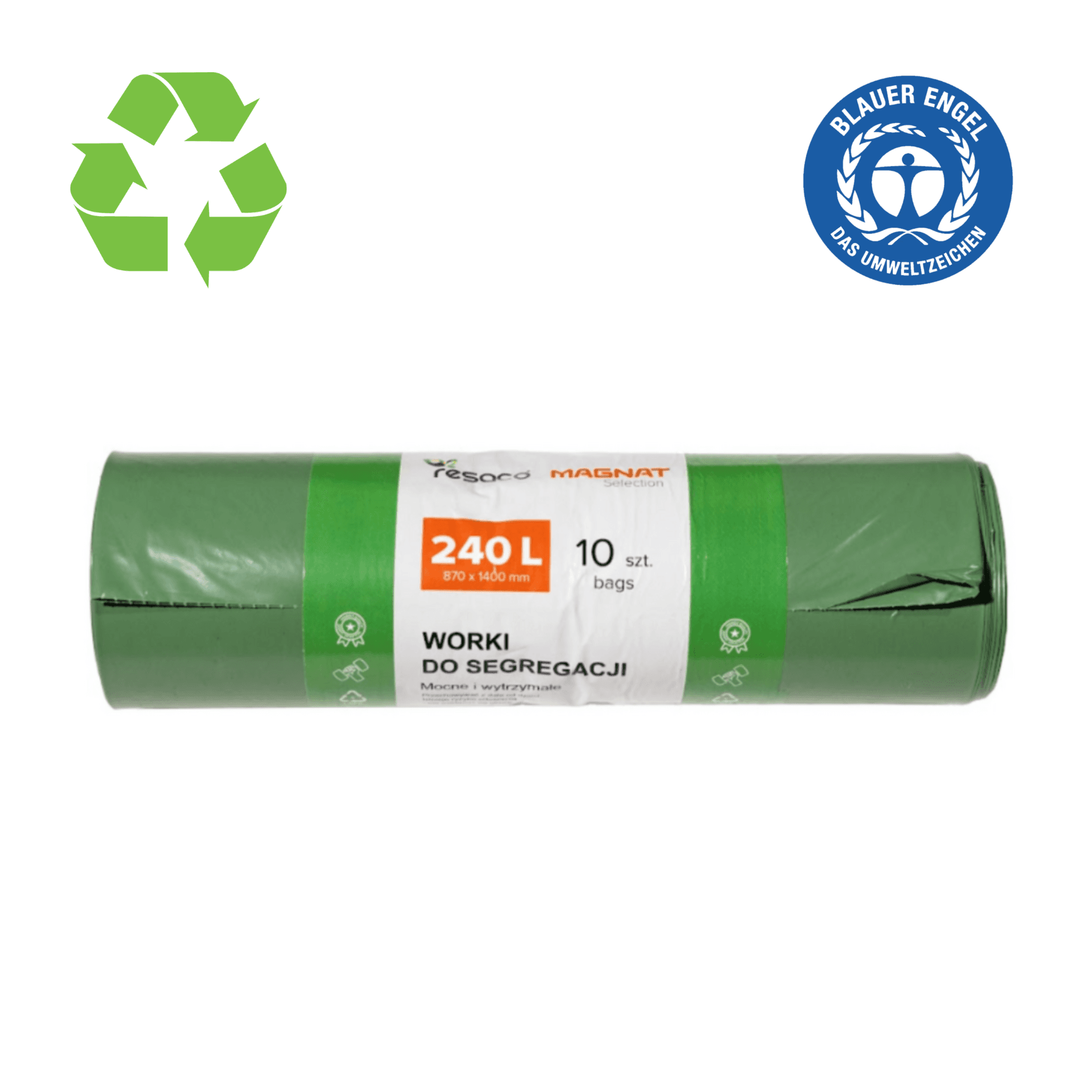 Saci plastic reciclat, standard, 240L, 87x140cm, 27 microni, 10buc/rola, RESACO - verzi