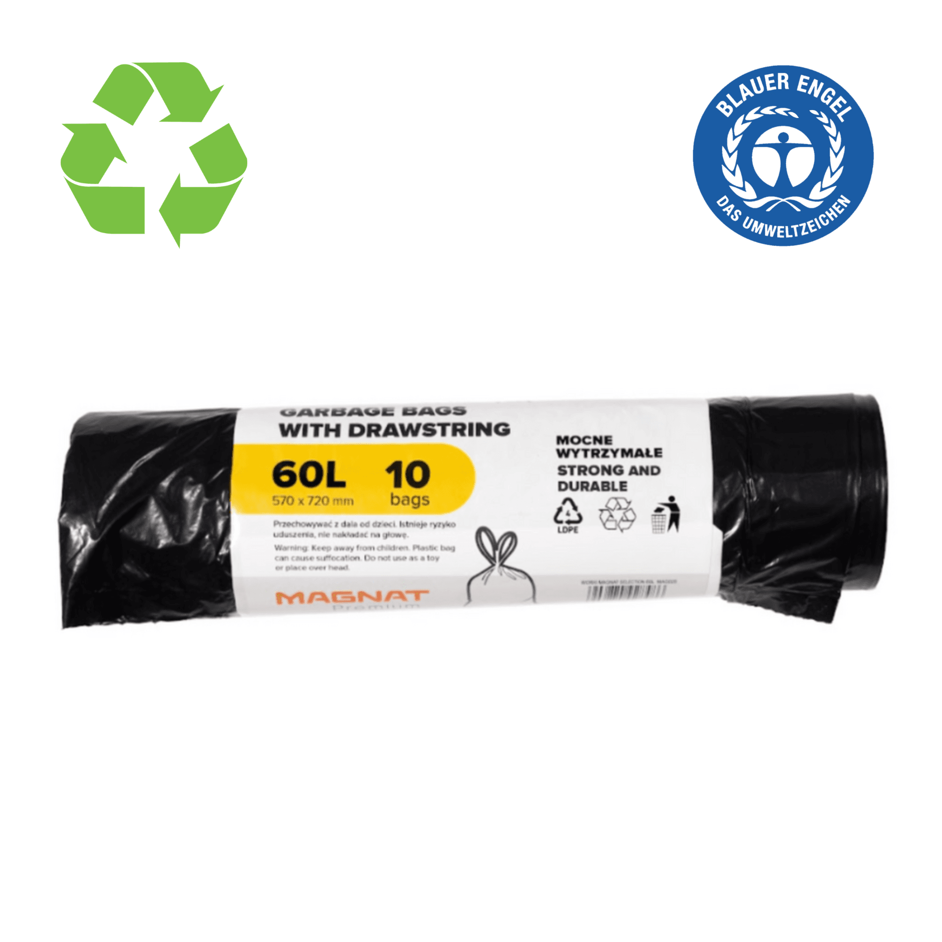 Saci plastic reciclat, standard, 60L, cu snur, 57x72cm, 25 microni, 10buc/rola, RESACO - negri