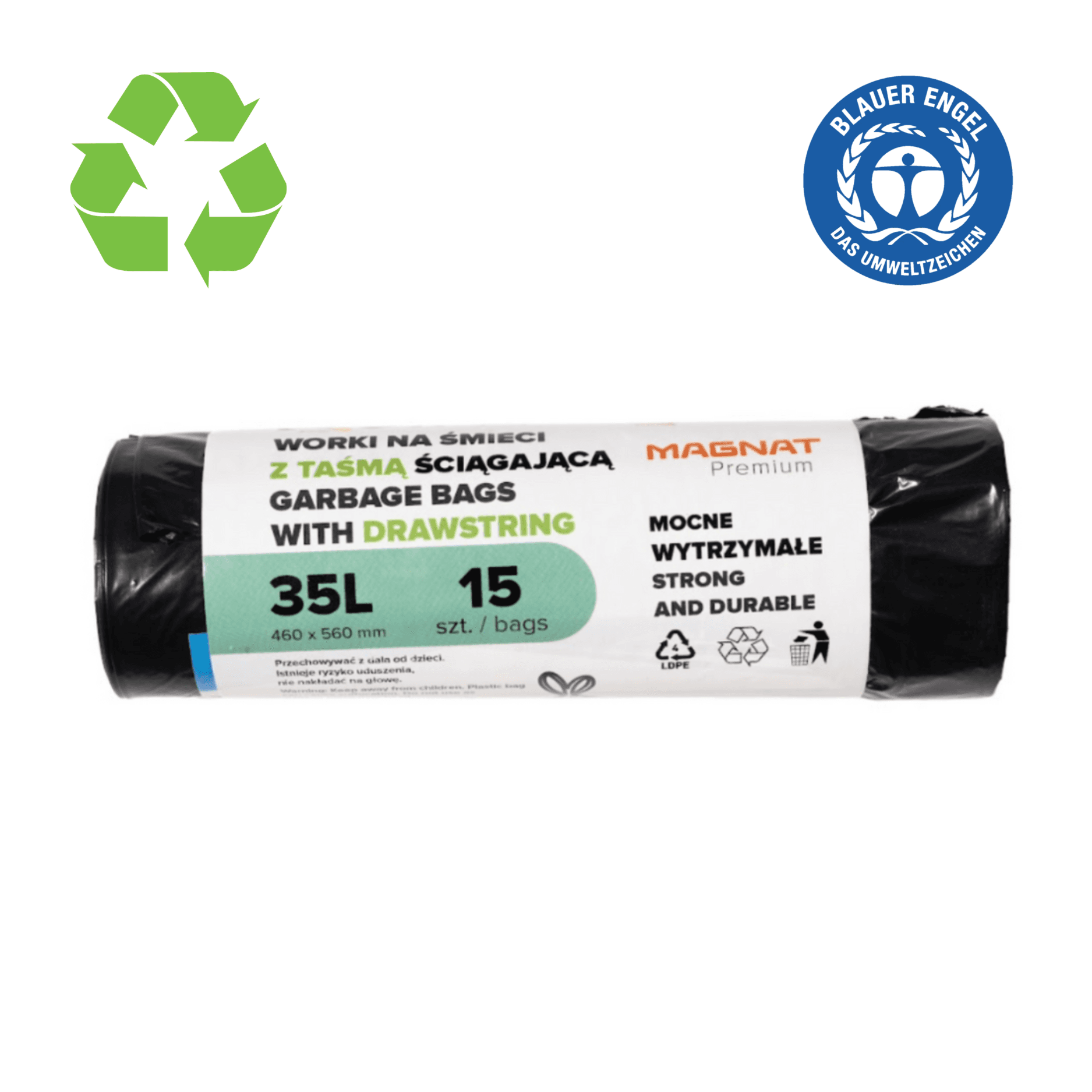 Saci plastic reciclat, standard, 35L, cu snur, 46x56cm, 25 microni, 15buc/rola, RESACO - negri
