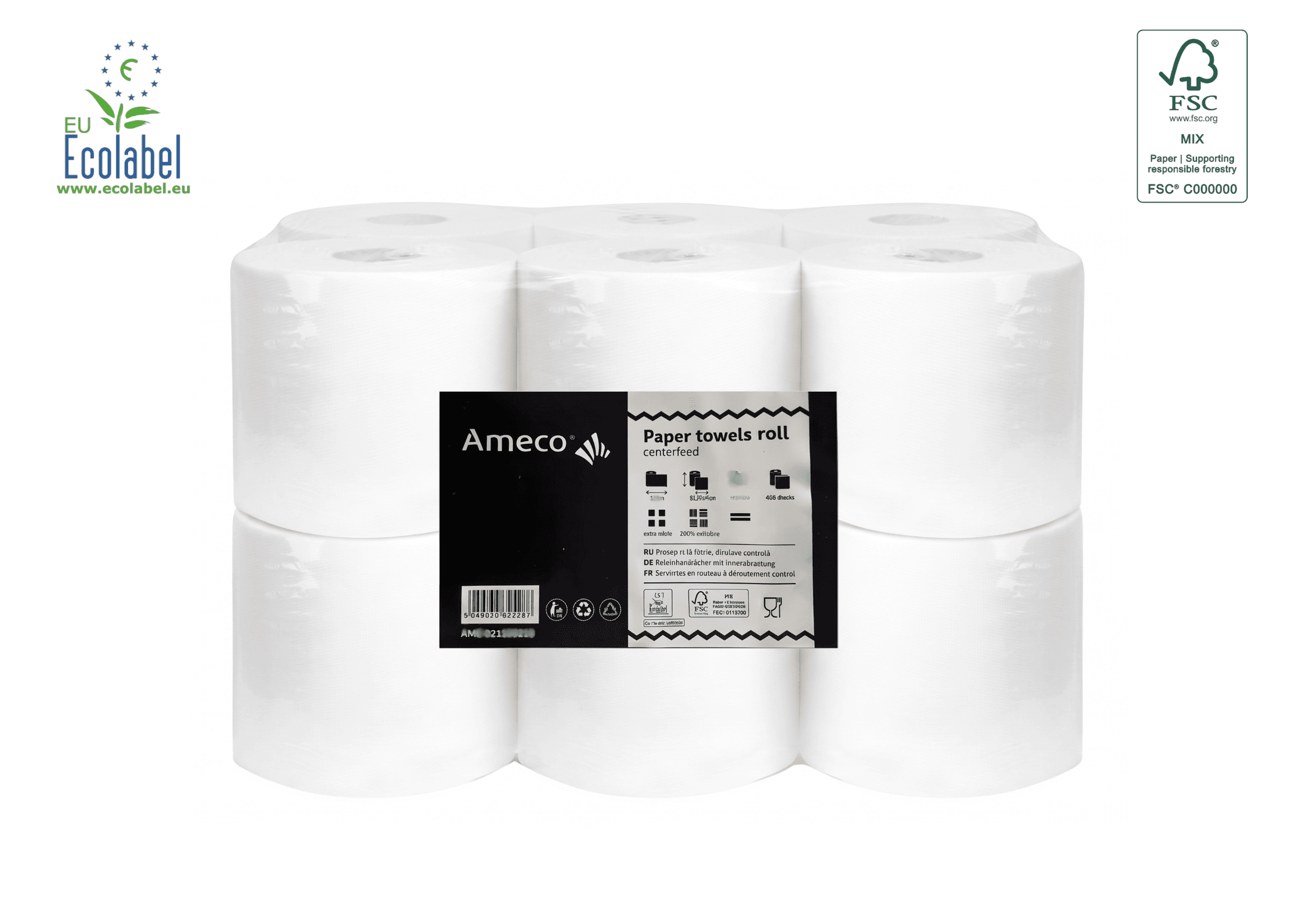 Prosop rola hartie alba, derulare centrala, 110m - 2 straturi, 6 role/bax, Ameco