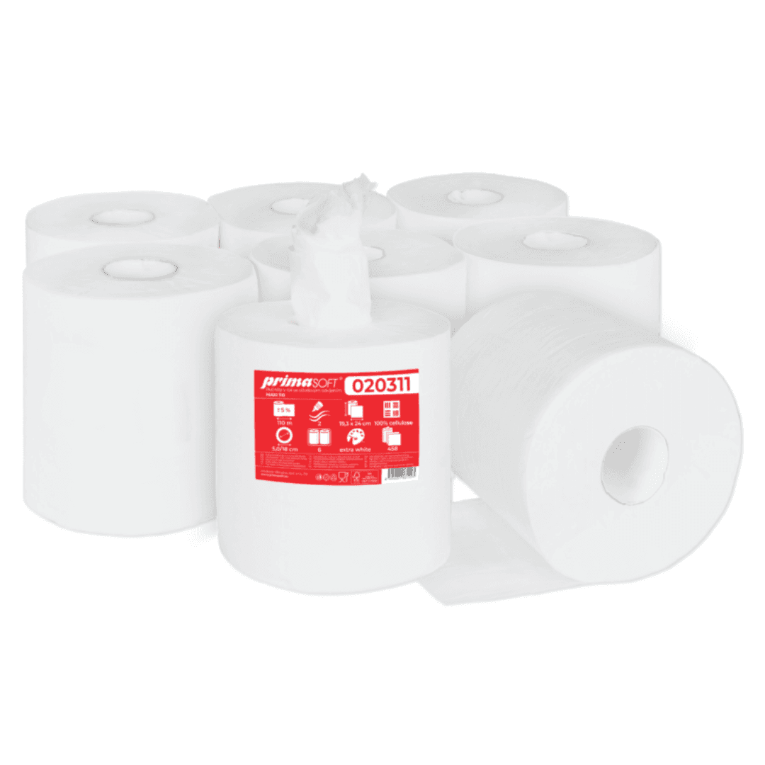 Prosop rola hartie alba, derulare centrala, 110m - 2 straturi, 6 role/bax, Prima Soft Maxi 110